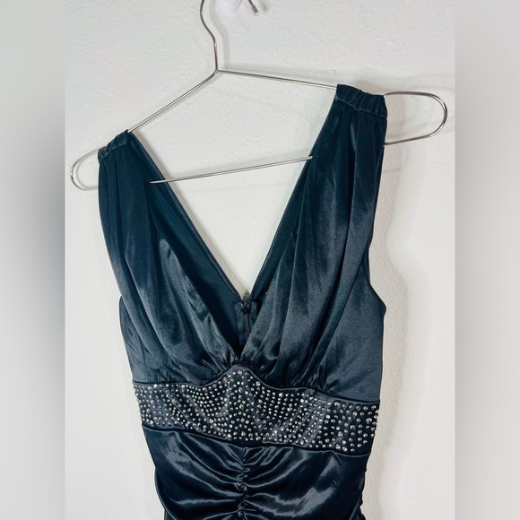 Pompous Girly Black Satin Ruched Bodycon Mini Dress Sz Small Embellished Waist - Picture 4 of 10